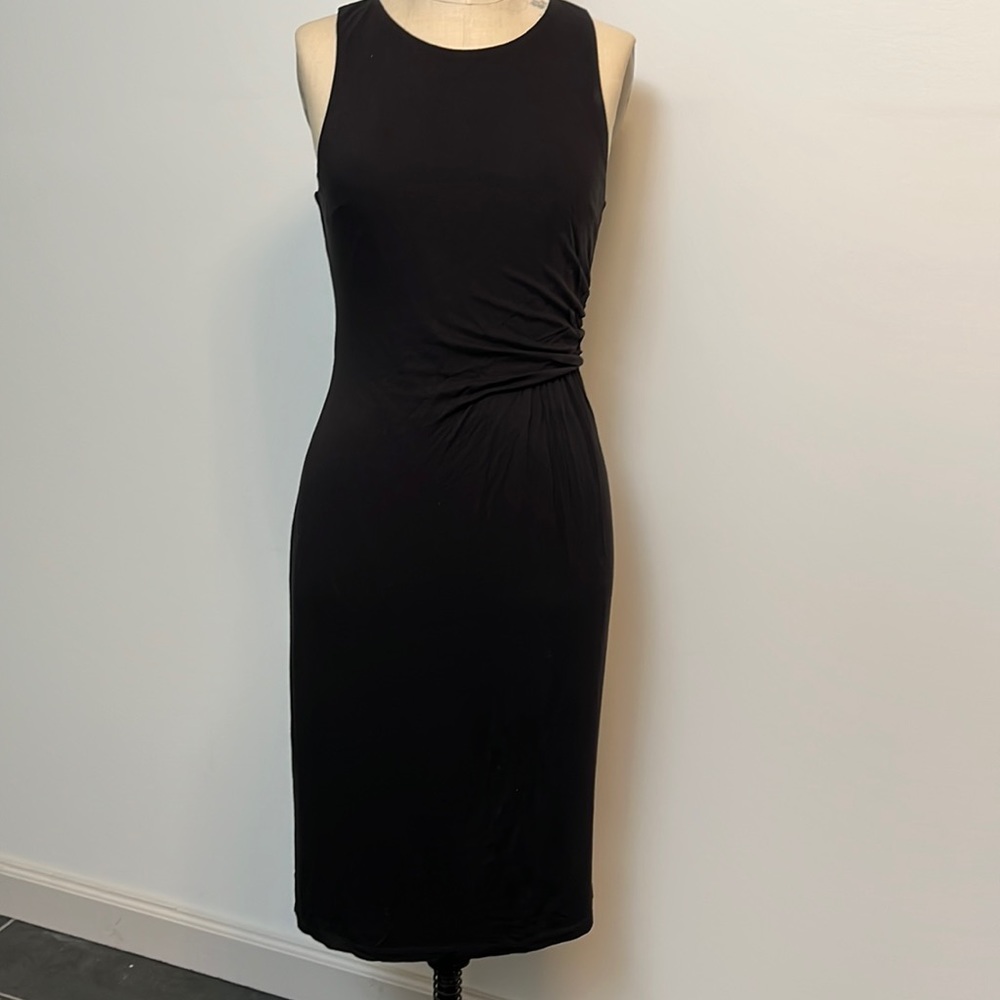 Little Black Sleeveless Dress with flattering gather detail at waist.